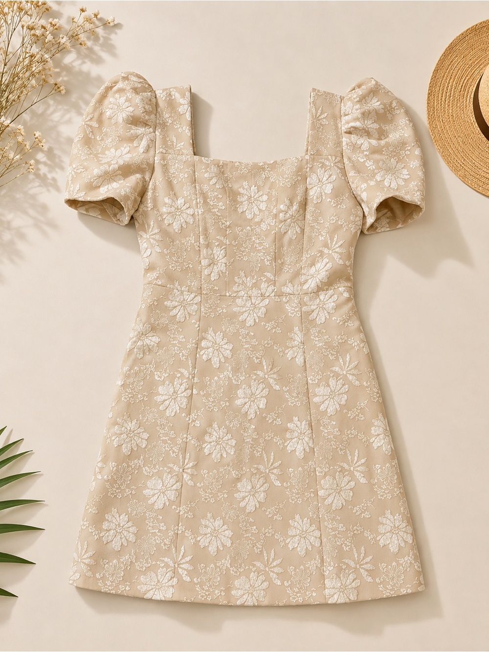 SHEIN Beige Floral Puff-Sleeve Square-Neck Midi Dress